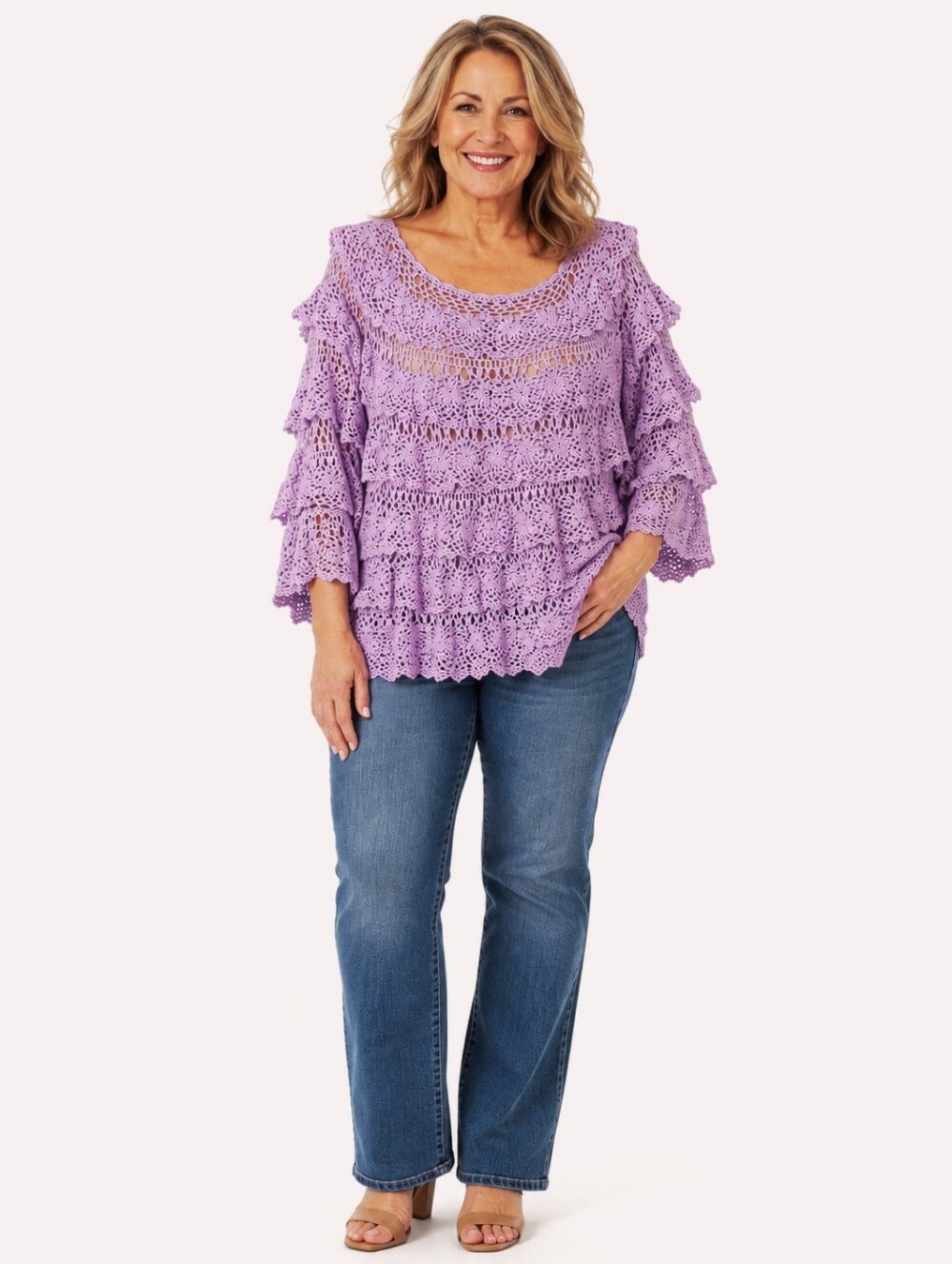 Denim 24/7 Lavender Crochet Open Knit Tiered Ruffle Tunic Top, Size 1X